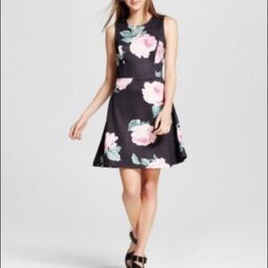 ALISON ANDREWS black floral fit and flare dress